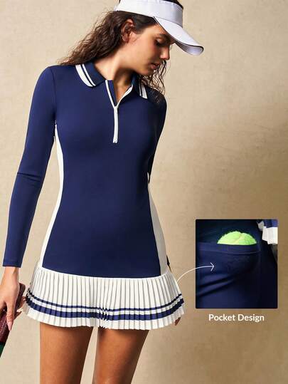 VARSIVA Women's Navy Blue And White Sports Tennis Golf Dress, Long-Sleeved Pleated Skirt,   Suitable For Sports, Cheerleader, Daily Life, Tennis Breathable Quick Drying, Indoor Sportswear, Fitness Clothes, Spring Summer Fall And Winter