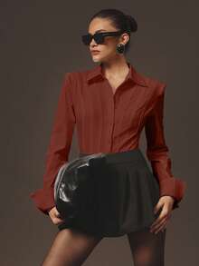 Hauture Women's Sexy Office Casual Bold Shoulder With Boning Long Sleeves Shirt Bodysuit - Red - View 6