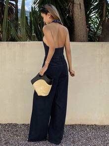 DAZY Women's Stylish Halter Neck Casual Denim Jumpsuit And Overalls Vacation Spring - Dark Wash - View 4