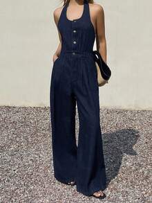 DAZY Women's Stylish Halter Neck Casual Denim Jumpsuit And Overalls Vacation Spring - Dark Wash - View 6