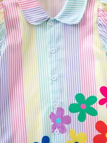 SHEIN Young Girl Summer Casual Striped & Floral Print Button Front Puff Sleeve Shirt - Multicolor - View 6