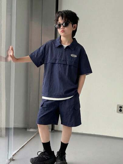 SHEIN 2pcs/Set Tween Boy Casual Sporty Comfortable Fashion Minimalist Practical Soft Hoodie Half-Zip Collar Tee And Elastic Waist Shorts Set, Suitable For Autumn, Spring, Summer, Suitable For Daily Wear, Outdoor Play, School, Street Style, Party And Leisure