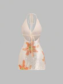 Sweetra Váy ngắn hở lưng in họa tiết hoa và sequin lãng mạn, thanh lịch dành cho nữ, cổ chữ V, dây buộc, thích hợp cho kỳ nghỉ, tiệc tùng, tụ tập, mùa xuân/hè - Nhiều màu - Xem 2