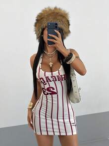 StreetHx Women's Sexy Fashion Street Numeric & Letter Striped Print Backless Halter Bodycon Mini Dress, Summer - Multicolor - View 1