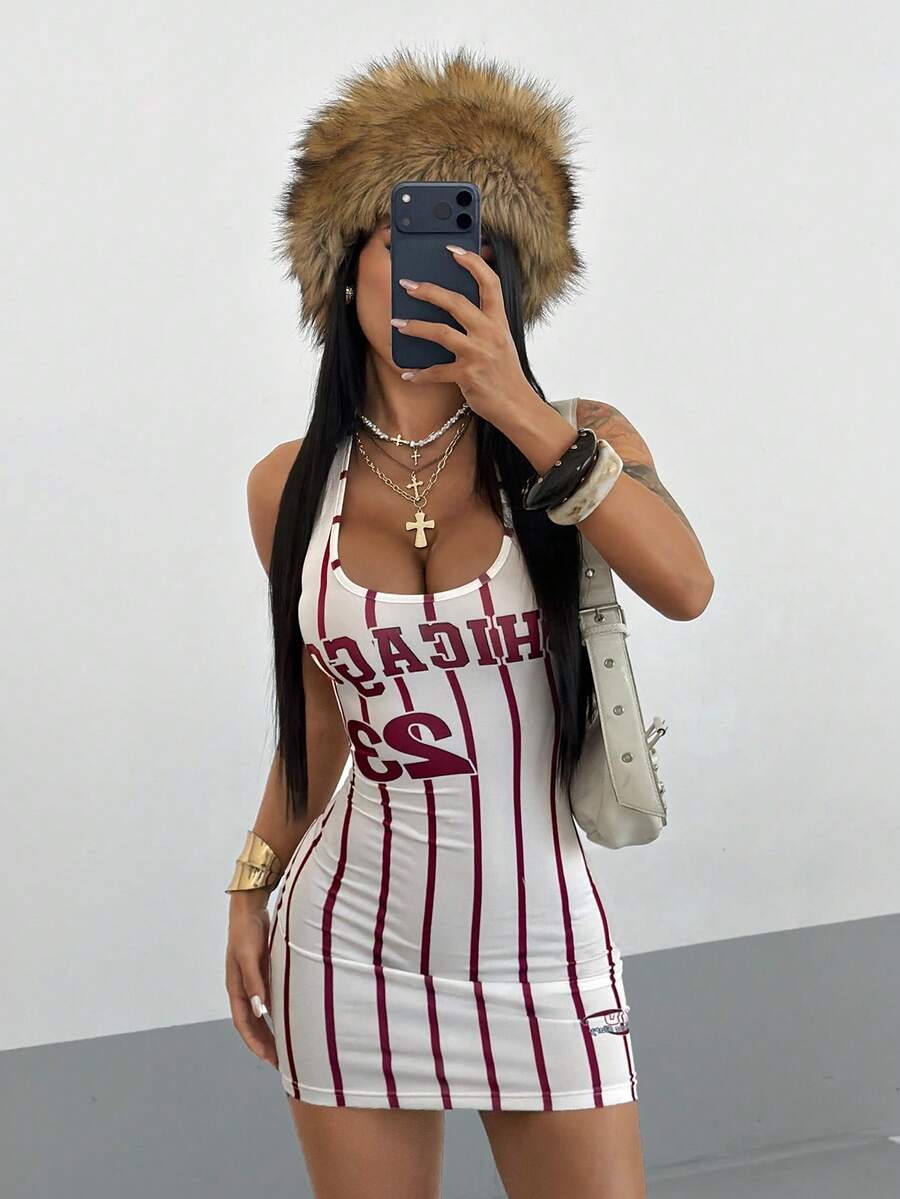 StreetHx Women's Sexy Fashion Street Numeric & Letter Striped Print Backless Halter Bodycon Mini Dress, Summer - Multicolor - View 1