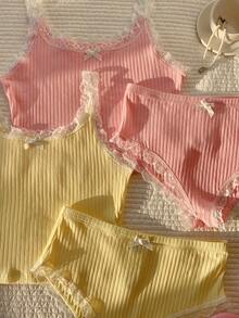 CovetEZ 2pcs Women Contrast Lace Camisole And Panty Set - Multicolor - View 7