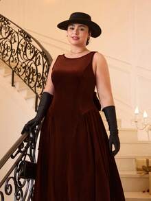 SHEIN MOD Plus Size Vintage Red Open Back Bow Tie A-Line Midi Dress, Wedding Dress, Date Dress, Valentine's Day Dress - Brown - View 10