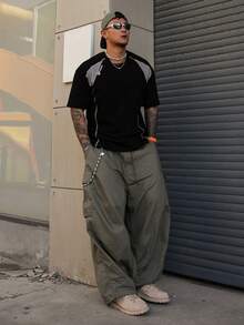 DAZY Maglietta sportiva da uomo con maniche a raglan e design in tessuto patchwork, estiva - nero - Visualizzare 5
