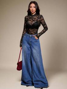 SHEIN PETITE Women's Floral Lace Stand Collar Long Sleeve Sexy Sheer Bodysuit Going Out Sexy Bodysuit,Spring Outfit Women