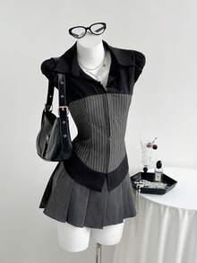 SHEIN Unity Women's Casual Black Patchwork Grey Striped Slim Fit Short Sleeve Minimalist Shirt - Black - View 3