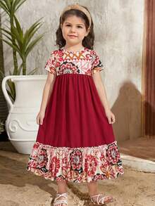 SHEIN Summer Floral Pattern & Solid Color Button Back Neck Dress - Multicolor - View 2