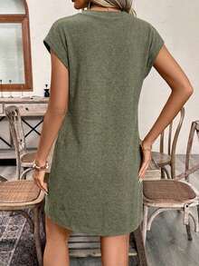 EMERY ROSE Solid Color V-Neck Casual Versatile Summer Short Sleeve Dress - Multicolor - View 2