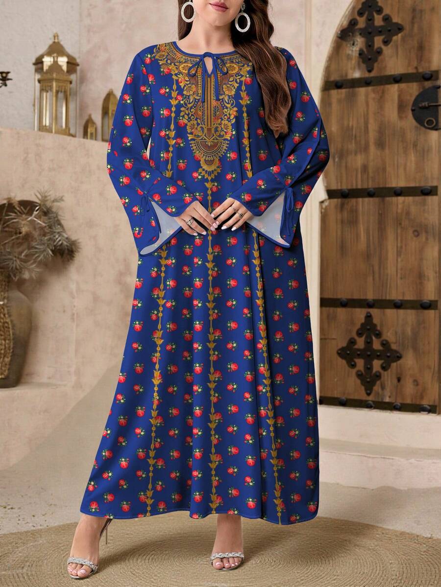 SHEIN Najma 大码女式花卉植物数码印花蓝色V领系带优雅阿拉伯风格长袖连衣裙,春季 - 彩色 - 查看 1