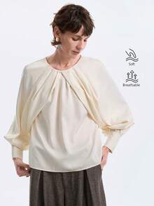 Aalyst 女士法式优雅奢华时尚圣诞派对简约高端休闲度假工作装复古舒适纯色缎面立领蝙蝠袖长袖衬衫，适合春、秋、冬季穿着。 - 杏色 - 查看 1