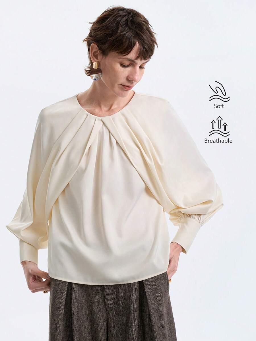 Aalyst 女士法式优雅奢华时尚圣诞派对简约高端休闲度假工作装复古舒适纯色缎面立领蝙蝠袖长袖衬衫，适合春、秋、冬季穿着。 - 杏色 - 查看 1