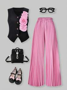 SHEIN 3D立体花卉褶皱装饰吊带背心和褶皱阔腿裤两件套，适合少女穿着，优雅时尚，适合春夏穿着，可用于派对、休闲、日常通勤等场合。 - 粉色 - 查看 1