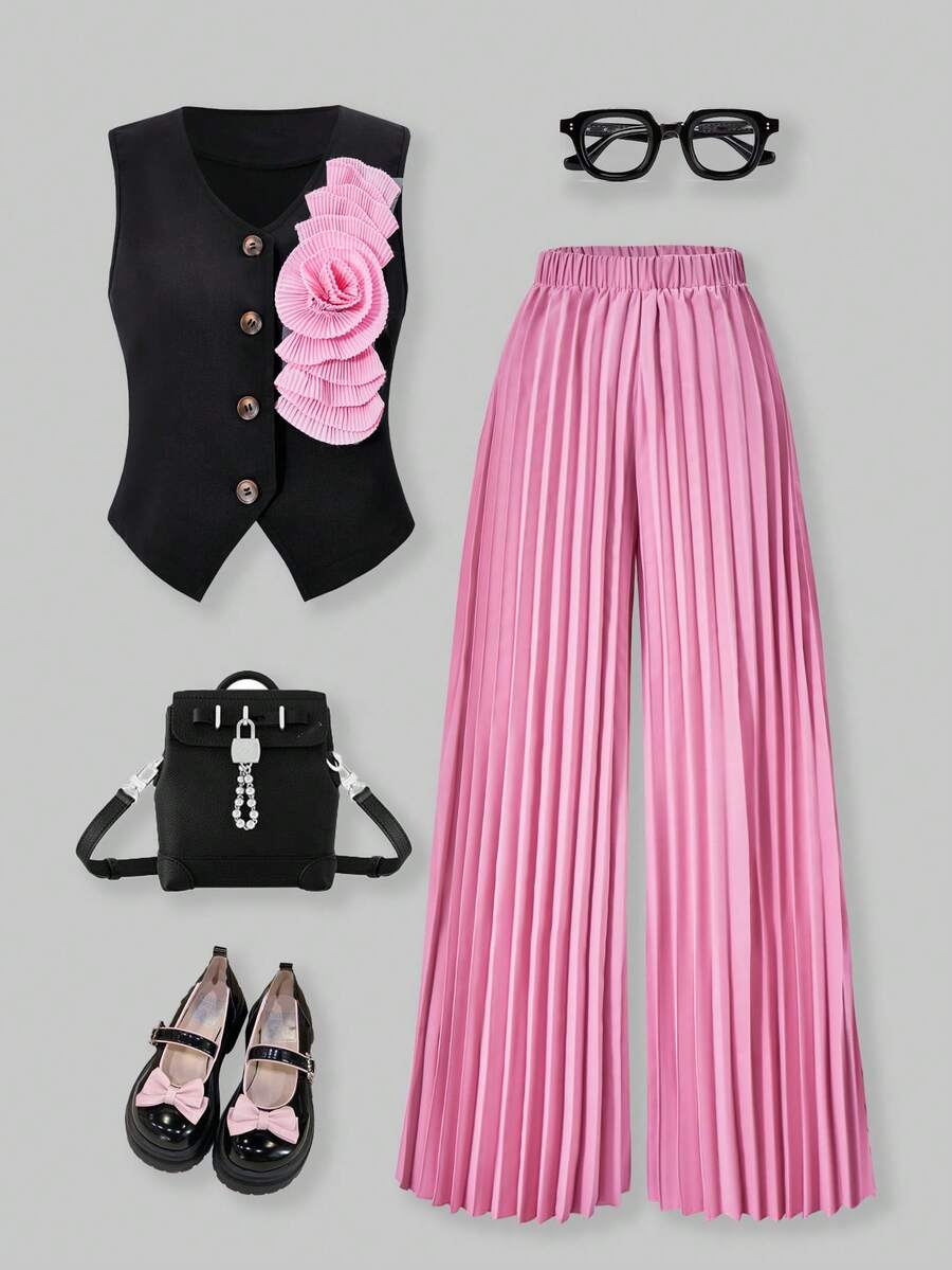 SHEIN 3D立体花卉褶皱装饰吊带背心和褶皱阔腿裤两件套，适合少女穿着，优雅时尚，适合春夏穿着，可用于派对、休闲、日常通勤等场合。 - 粉色 - 查看 1