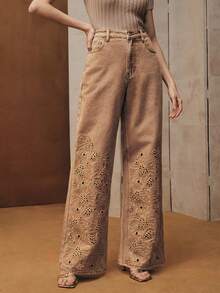 Anewsta Elaire Women's High Waist Fashion Embroidered Hollow Out Loose Wide Leg Jeans Pants, Suitable For Spring, Autumn, Party, Valentine's Day - Brown - View 5