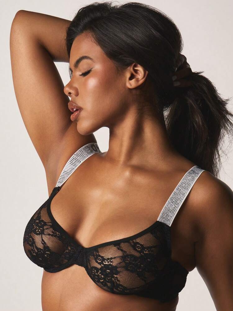Missguided x Playboy Diamante Strap Lace Underwire Bra And Thong Lingerie Set With Rhinestone Details Plunge Cup Intimate Two Piece, Sexy Outfit