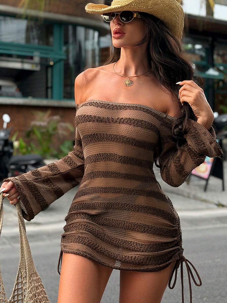 Swim SXY 女士喇叭袖抽绳露肩性感罩衫，适合海滩度假 - 咖啡棕 - 查看 1