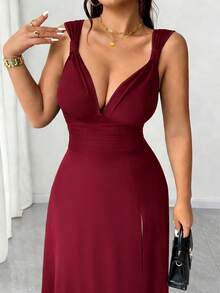 Rafferiza Women's Burgundy Elegant Romantic Sexy Solid V-Neck High Stretch Bodycon Party Dress, Versatile & Stylish Design With Slit Fall Cloth For Women Date/Party/Nightclub/Street /Halloween/Valentine's Day/Birthday Dress Wedding Guest Dress Elegant Dress Country Concert Outfit Long Dress - Burgundy - View 5