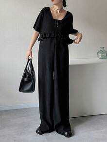 FRIFUL Women's Solid Color Textured Fabric Backless Tie-Up Bow Loose Casual Jumpsuit, Suitable For Spring And Summer Jumpsuit Lounge Sets For Women - Black - View 4