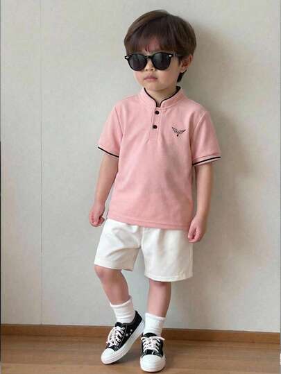 2pcs/Set Young Boys' Comfortable Stand Collar Contrast Color Casual Fashion Daily Versatile Knit Shirt T-Shirt And Woven Shorts, Suitable For Spring/Summer, Suitable For Daily Wear, Sports, Outings, School, Gatherings, Festivals, Performances, And Photography,Toddler Boy Clothes,Toddler