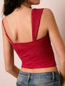Easelle Blusa de moda con diseño asimétrico de encaje rojo para mujer - Rojo - Ver 6