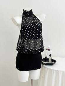 Elamini Black Polka Dot Print High Neck Halter Backless Mini Dress, Women's Spring/Summer , Vacation, Retro, Elegant, Commute, Office, Minimalist, Versatile - Black - View 1