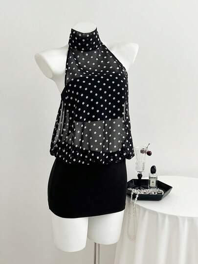 Elamini Black Polka Dot Print High Neck Halter Backless Mini Dress, Women's Spring/Summer , Vacation, Retro, Elegant, Commute, Office, Minimalist, Versatile
