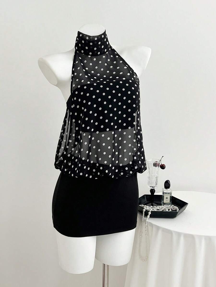 Elamini Black Polka Dot Print High Neck Halter Backless Mini Dress, Women's Spring/Summer , Vacation, Retro, Elegant, Commute, Office, Minimalist, Versatile - Black - View 1