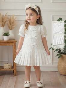 1pc Baby Girls' Round Neck Short Puff Sleeve Jacquard Bow Decor Apricot White Elegant Cute Summer Party Dress,Pleated Skirt Vintage Christening Lace - White - View 11