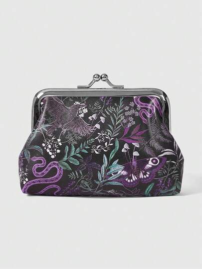 ROMWE Fairycore 1 Piece Snake Crow Moth Floral Pattern Women's Wallet, Buckle Wallet Change Bag, Suitable For Daily Use, Back To School Season, Valentine's Day Gifts