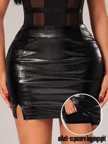 Radiana 女士性感极简黑色蛇纹PU高腰紧身迷你裙纯色褶裥侧开衩弹力PU皮革紧身迷你裙黑色紧身皮革迷你裙百搭黑色迷你裙 - 黑色 - 查看 8