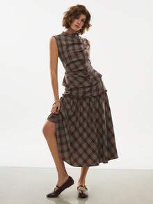 Poéselle 女士时尚褶皱红色格子无袖上衣，夏季 - 彩色 - 查看 4