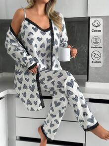 EURMUSE 3pcs Cotton Women Contrast Colour Leopard Heart Pattern With Lace Detail Belted Homewear Comfort Lounge Set - White - View 3