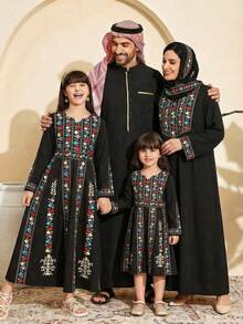 Abaya Style Dress For Young Girl: Black Base With Colorful Embroidered Geometric & Floral Retro Prints, Retro Patterns With Contrast Colors, Waist Belt Design, Suitable For Daily Wear And Festivals, Traditional & Elegant Arab/Middle Eastern Style Jalabiya/Abaya/Caftan Islamic Clothing Girls Kids Black Abaya Abaya Sets Girls Abayas For Kids - Black - View 1