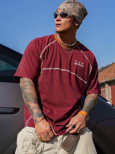 DAZY 男士夏季拼接撞色字母印花装饰缝线圆领T恤