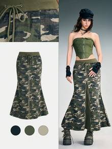 ROMWE Grunge Punk Chân váy đuôi cá xẻ tà phối họa tiết rằn ri, kiểu dáng Y2K gợi cảm dành cho nữ. - xanh quân đội - Xem 7