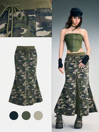Grunge Punk Y2K Sexy Ribbed Patchwork Camouflage Slit Mermaid Hem Skirt For Women