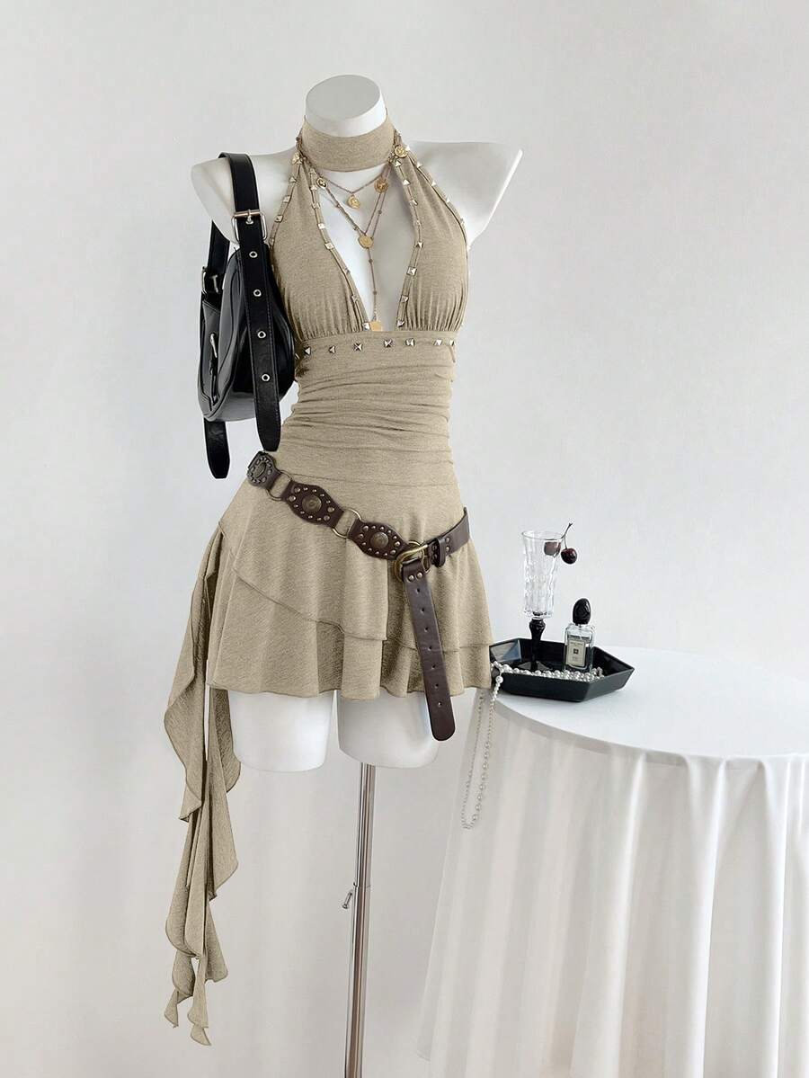 Elamini 性感复古极简V领荷叶边下摆收腰连衣裙 - 駝色 - 查看 1