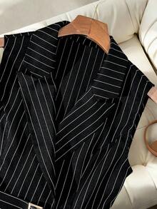 GlowEve Women's Summer Casual/Office Commute Striped Print Peak Collar Buckle Belted Vest - Black and White - View 7