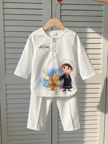 2件組 幼兒男嬰中東傳統白色秋季可愛親子套裝 派對款伊斯蘭上衣與鬆緊褲休閒套裝 - 米色 - 查看 4