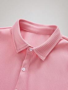 Officeau Old Money Style Men's Ribbed Knit Shirt Short Sleeve Lapel Shirt Solid Color Textured Pink Shirt For Summer Resort Vacation Casual Office Wear.Christmas&New Year's Excellent Gift For Dad Or Husband Spring To Summer - Red - View 3