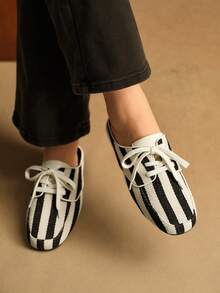 Rosivie 女士条纹系带休闲时尚平底鞋 - 黑色 - 查看 4