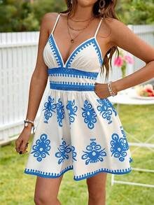 KARISMINA Đầm không tay họa tiết retro dành cho nữ, mùa xuân/hè. - Màu xanh lam - Xem 4