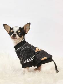 PETSIN 1 Printed Brown Bear Letter Flannel Sweatshirt, Thick And Warm For Pets In Autumn And Winter, Black