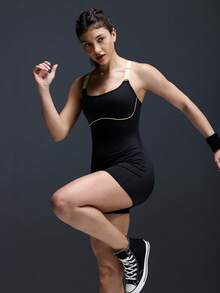 Powerista 撞色滚边时尚紧身连体裤无袖运动服 - 黑色 - 查看 6