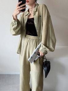 FRIFUL 女士舒适休闲衬衫和阔腿裤两件套 - 綠色 - 查看 3