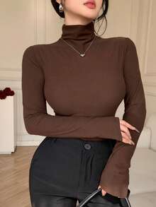 DAZY Top à col roulé manches longues slim fit marron patchwork de couleur unie pour femmes, convient pour l'automne et le printemps - Tabac - Voir 2